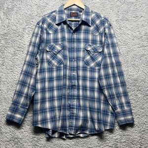 Plains Western Wear Peal Snap Shirt Men XL Blue Plaid Pockets Long Sleeve Cowboy